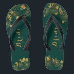 Classy Wedding Bride Emerald Green & Gold Foliage Thongs<br><div class="desc">These classy wedding Bride emerald green and gold foliage flip flops feature golden foliage pattern and modern typography on timeless dark green background. View the collection on this page to find matching items. ♥Customise it with your information. ♥ If you want to change the font style, colour or text placement,...</div>