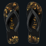 Classy Wedding Bride Luxury Black & Gold Foliage Thongs<br><div class="desc">These classy wedding Bride Luxury Black and gold foliage flip flops boasts a luxurious black and gold palette, with a stunning golden floral pattern and modern typography set against a black background, exuding elegance and sophistication. View the collection on this page to find matching items. ♥Customise it with your information....</div>