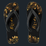 Classy Wedding Bride Luxury Black & Gold Foliage Thongs<br><div class="desc">These classy wedding Bride Luxury Black and gold foliage flip flops boasts a luxurious black and gold palette, with a stunning golden floral pattern and modern typography set against a black background, exuding elegance and sophistication. View the collection on this page to find matching items. ♥Customise it with your information....</div>