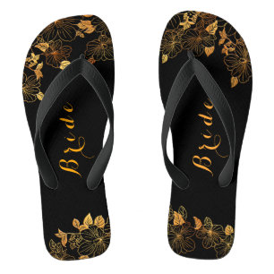 Classy Wedding Bride Luxury Black & Gold Foliage Thongs