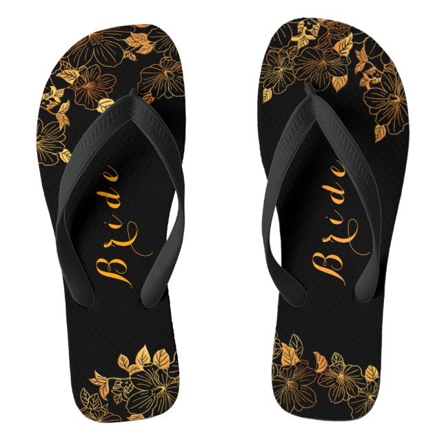 Classy Wedding Bride Luxury Black & Gold Foliage Thongs (Footbed)