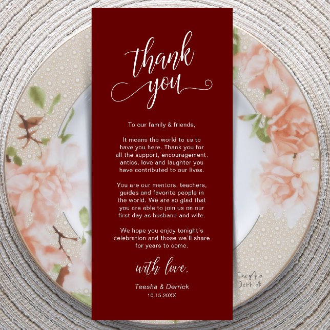 Classy Wedding Dinner Place Setting Thank You Card (Classy Wedding Dinner Place Setting Thank You Card in Burgundy Wine Red)