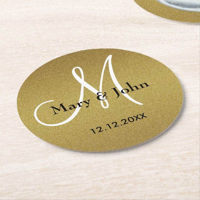 Classy Wedding Monogram Glitter Gold Round Paper Coaster (Angled)