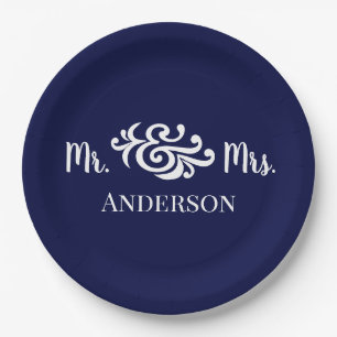 Classy Wedding Mr and Mrs Elegant Custom Colors Paper Plate