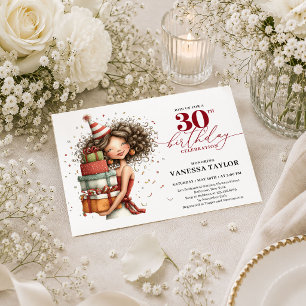 Classy Whimsical Woman 30th Birthday Deep Red Invitation