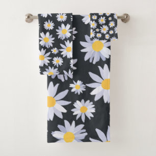 Classy White Daisy Flowers Botanical Bath Towel Set