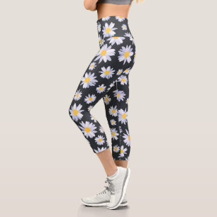 Classy White Daisy Flowers Botanical Capri Leggings