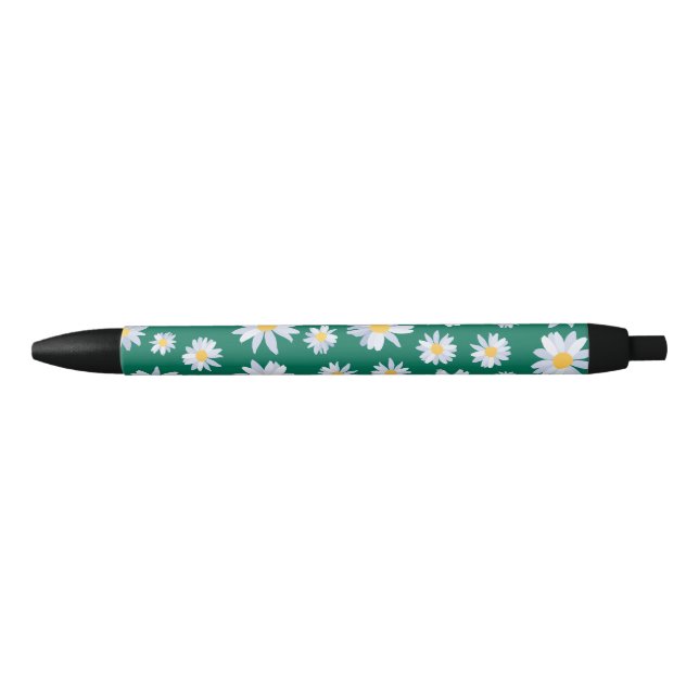 Classy White Daisy Flowers Botanical Green design Black Ink Pen (Front)