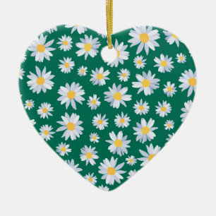 Classy White Daisy Flowers Botanical Green design Ceramic Ornament