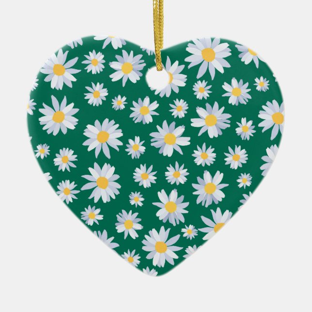 Classy White Daisy Flowers Botanical Green design Ceramic Ornament (Front)
