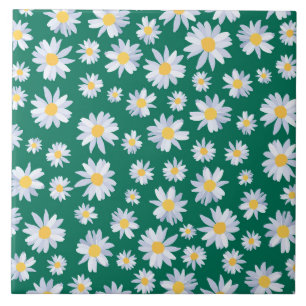Classy White Daisy Flowers Botanical Green design Ceramic Tile