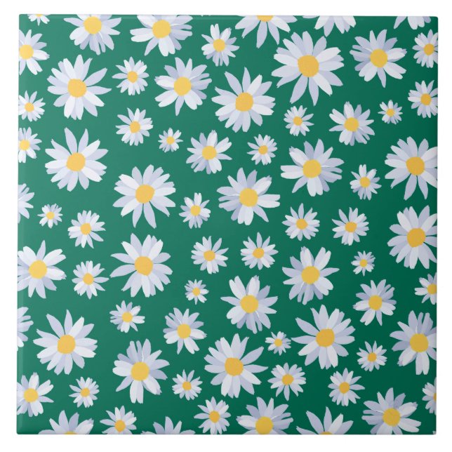 Classy White Daisy Flowers Botanical Green design Ceramic Tile (Front)