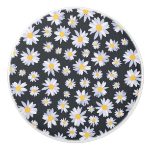 Classy White Daisy Flowers Botanical Grey design Ceramic Knob