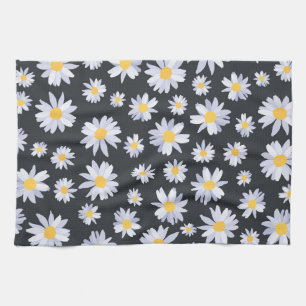 Classy White Daisy Flowers Botanical Grey design Tea Towel