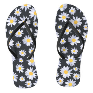 Classy White Daisy Flowers Botanical Grey design Thongs