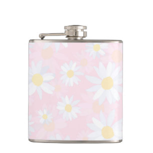 Classy White Daisy Flowers Botanical Pink design Hip Flask