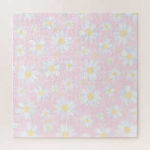 Classy White Daisy Flowers Botanical Pink design Jigsaw Puzzle