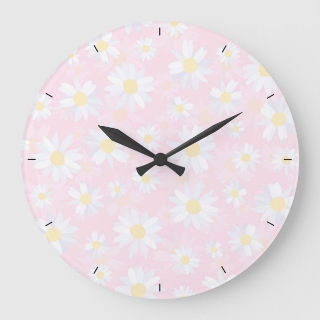 Classy White Daisy Flowers Botanical Pink design Large Clock (Front)
