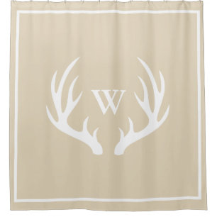 Classy White Deer Antlers Light Taupe Monogrammed Shower Curtain