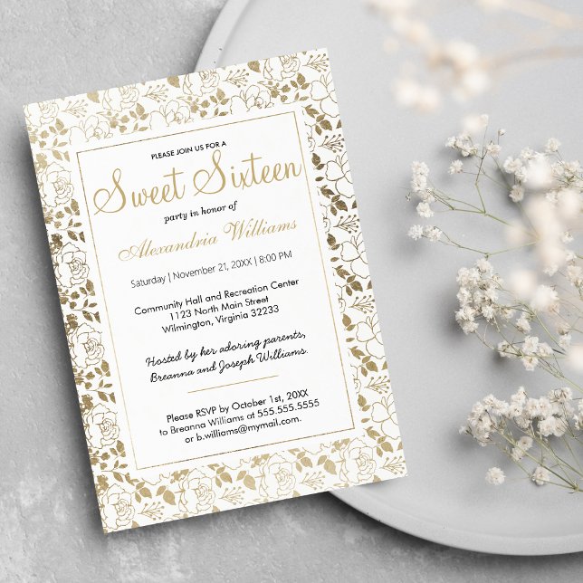Classy white elegant gold floral frame Sweet 16 Invitation (Classy white elegant gold floral frame Sweet 16 Invitation )