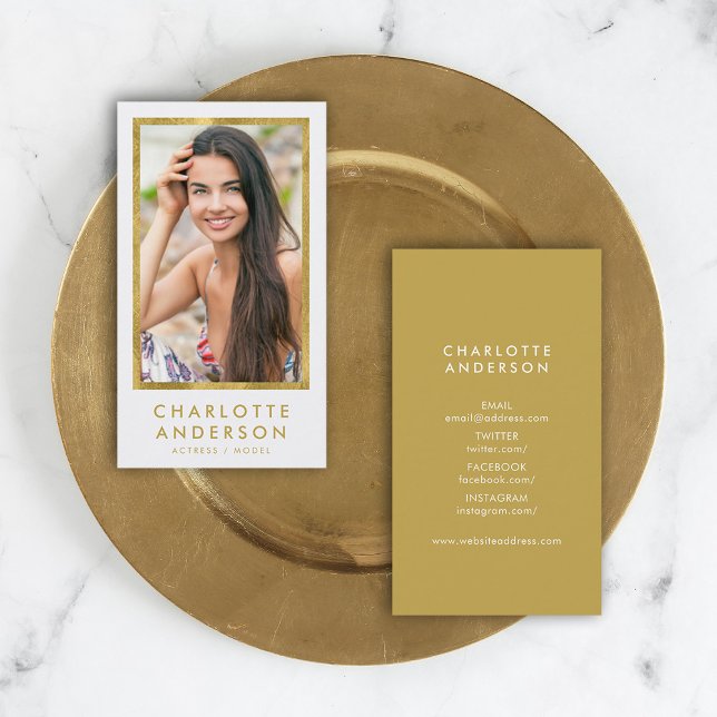 Classy White Faux Gold Headshot Photo Business Card (Creator Uploaded)