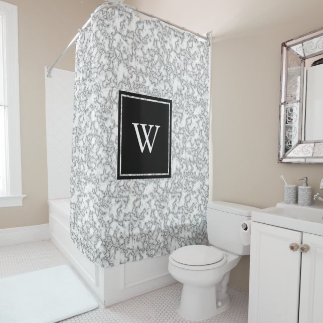Classy White Faux Marble Personalised Shower Curtain (In Situ)