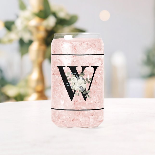 Classy White Floral Decorative Initial W Can Glass (Insitu (Wedding))