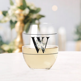 Classy White Floral Decorative Initial W Stemless Wine Glass