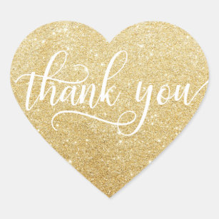 Classy White Gold Faux Glitter Script Thank You Heart Sticker