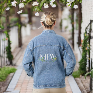 Classy White Initials with Blossoms and Branches Denim Jacket