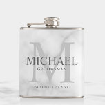 Classy White Marble Personalised Groomsmen Hip Flask<br><div class="desc">Add a personal touch to your wedding with personalised groomsmen flask. This flask features personalised groomsman's name with title and wedding date in grey and monogram in light grey as background, in classic serif font style, on white marble background. Also perfect for best man, father of the bride and more....</div>