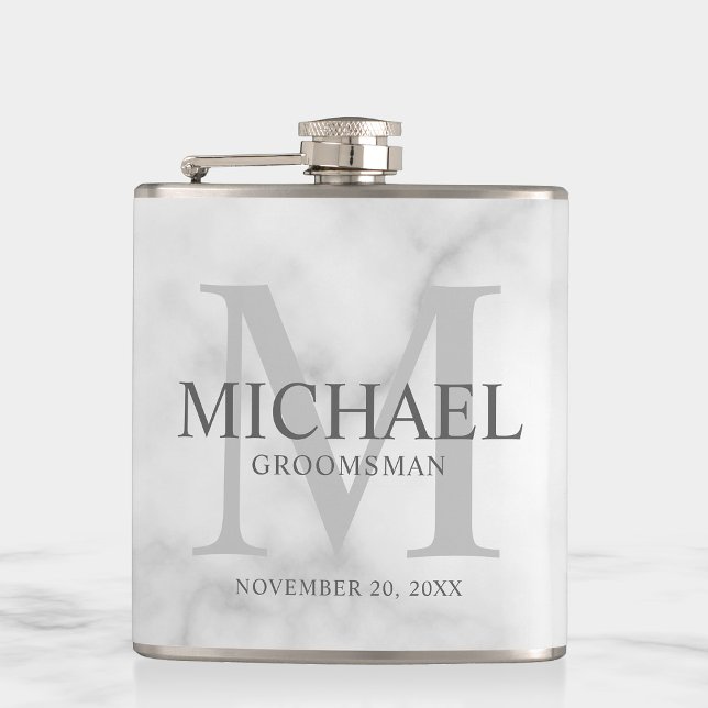 Classy White Marble Personalised Groomsmen Hip Flask (Creator Uploaded)