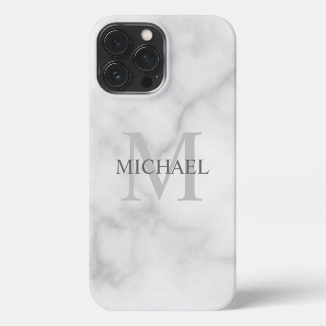 Classy White Marble Personalised Monogram and Name iPhone Case (Back)