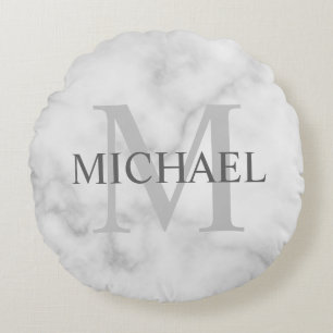 Classy White Marble Personalised Monogram and Name Round Cushion