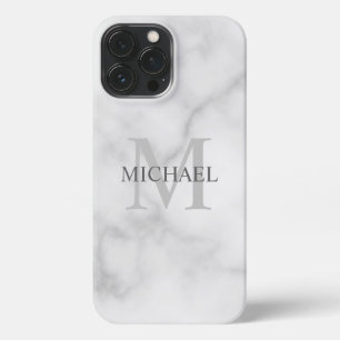 Classy White Marble Personalized Monogram and Name iPhone 13 Pro Max Case