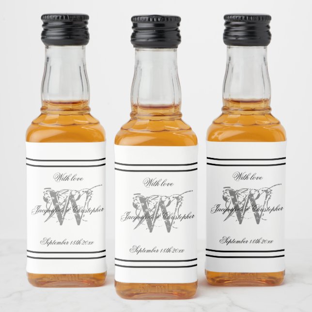 Classy White Monogram Elegant Wedding Mini Liquor Bottle Label (Bottles)
