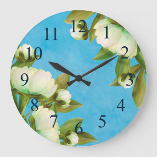 Classy White Peonies Floral Bouquet Large Clock