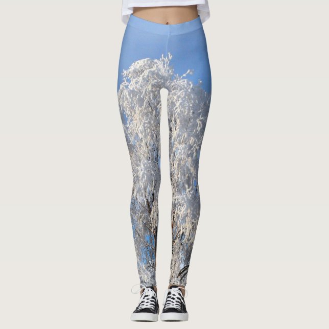 Classy Winter Frost Tree and Branch Designed Leggings (Front)