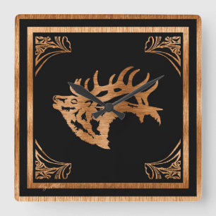 CLASSY WOOD ELK SILHOUETTE SQUARE WALL CLOCK