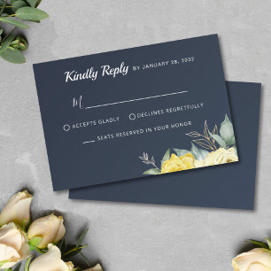 Classy yellow flowers greenery navy blue wedding RSVP card