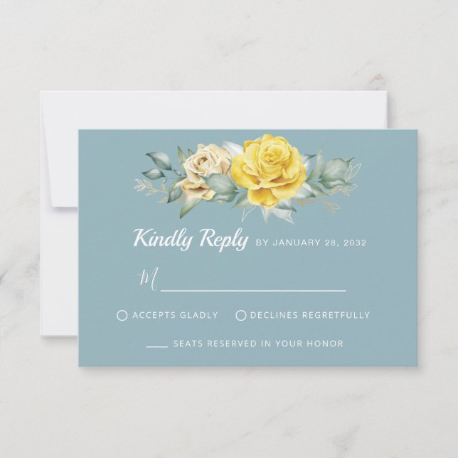 Classy yellow flowers greenery summer wedding RSVP Card (Front)