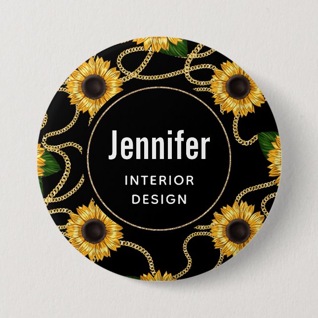 Classy Yellow Sunflowers Stylish Pattern on Black 7.5 Cm Round Badge (Front)