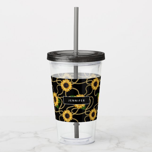 Classy Yellow Sunflowers Stylish Pattern on Black Acrylic Tumbler (Front)