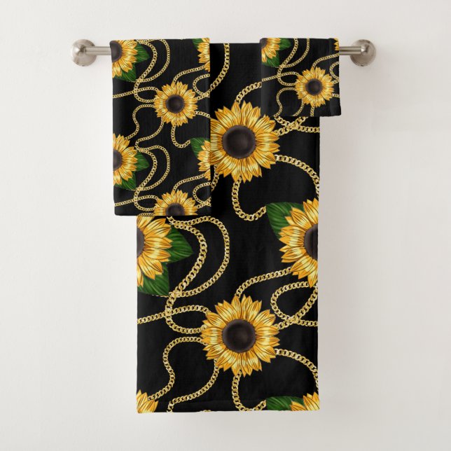 Classy Yellow Sunflowers Stylish Pattern on Black Bath Towel Set (Insitu)