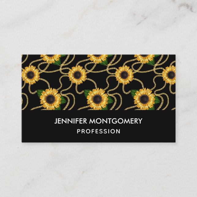 Classy Yellow Sunflowers Stylish Pattern on Black Business Card (Front)
