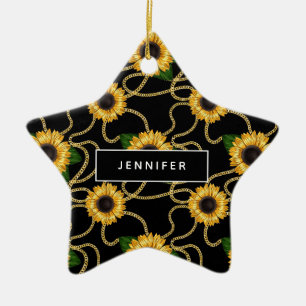 Classy Yellow Sunflowers Stylish Pattern on Black Ceramic Ornament