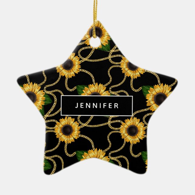 Classy Yellow Sunflowers Stylish Pattern on Black Ceramic Ornament (Front)
