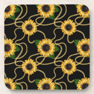 Classy Yellow Sunflowers Stylish Pattern on Black Coaster