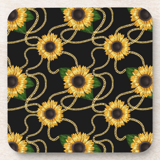 Classy Yellow Sunflowers Stylish Pattern on Black Coaster (Front)