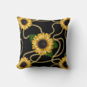 Classy Yellow Sunflowers Stylish Pattern on Black Cushion